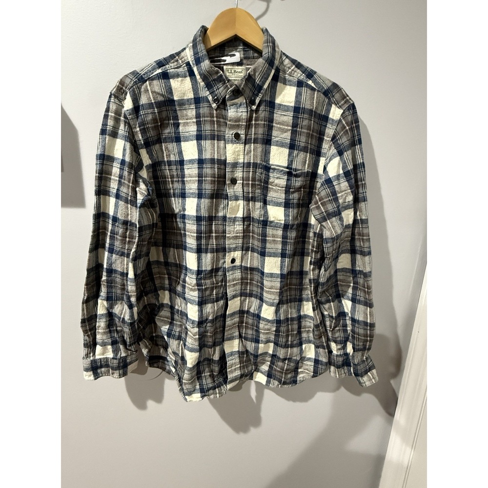 LL Bean Shirt Mens L Plaid Flannel Button Down Long Sleeve 228061 Blue B/O